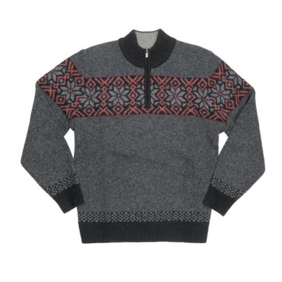 L.L.BEAN Nordic Fair Isle Sweater 1/4 Zip Sz. L 100% Shetland Wool Blue-Gray